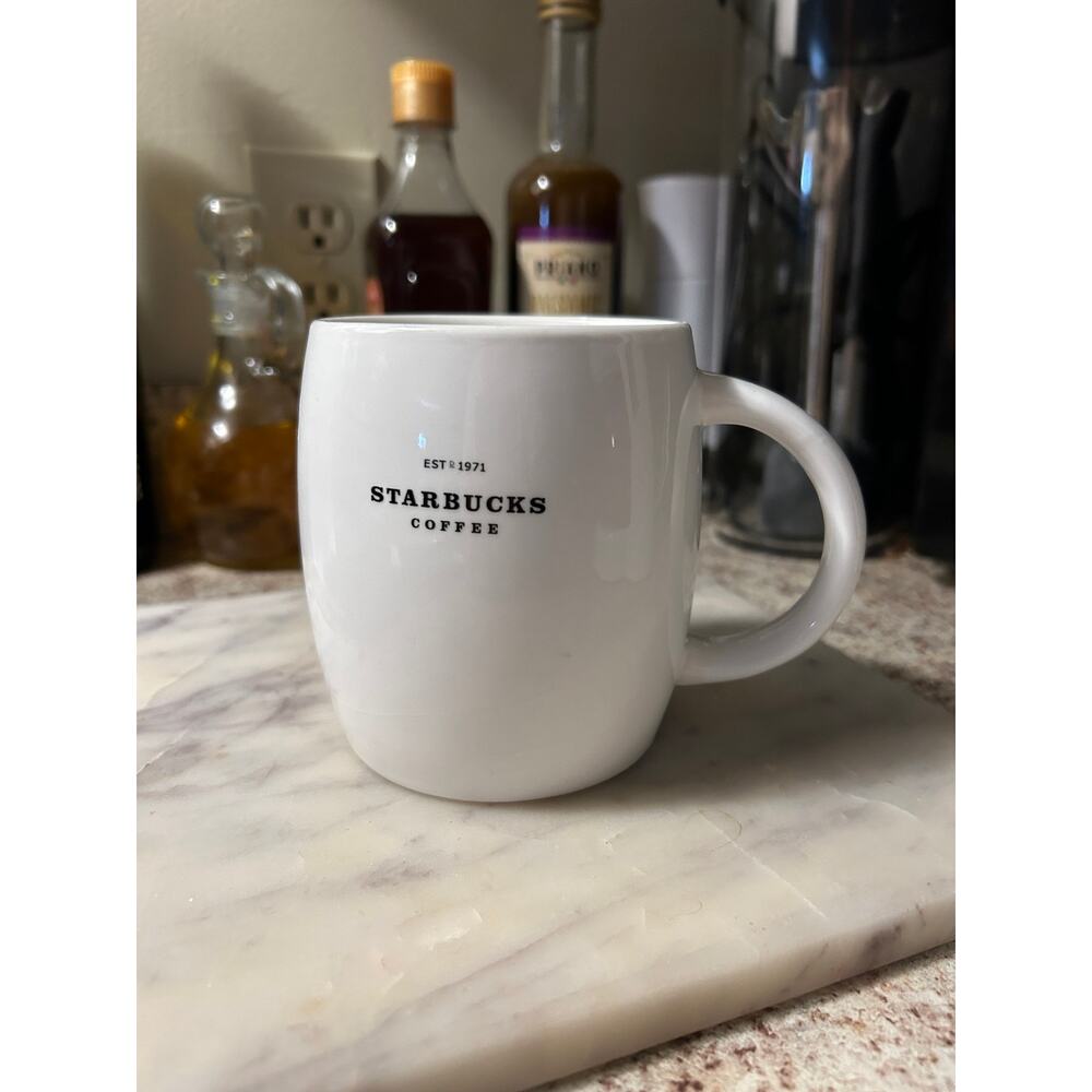 Starbucks Classic White Minimalist Coffee Mug 14oz, 2008 Ceramic Barrel Shaped